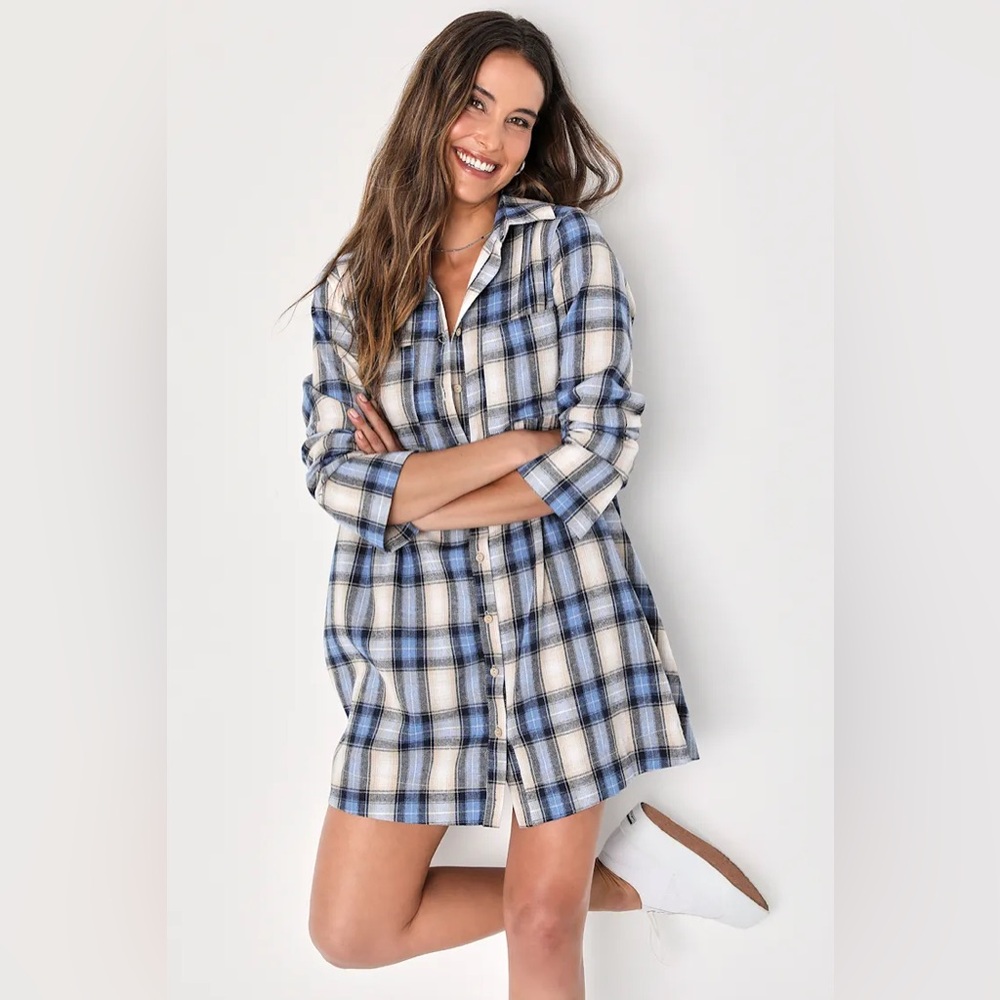 Lulu’s Seasonal Spectacle Blue Plaid Long Sleeve Shirt Mini Dress